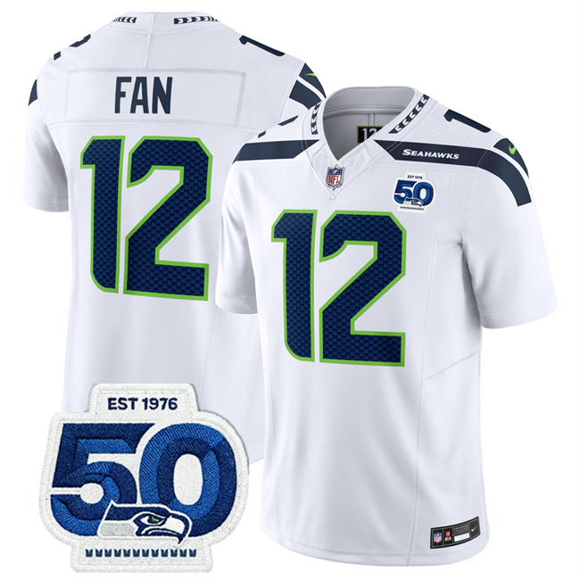 Men's Seattle Seahawks #12 Fan White 2025 F.U.S.E. 50th Anniversary Patch Vapor Untouchable Limited Stitched Football Jersey